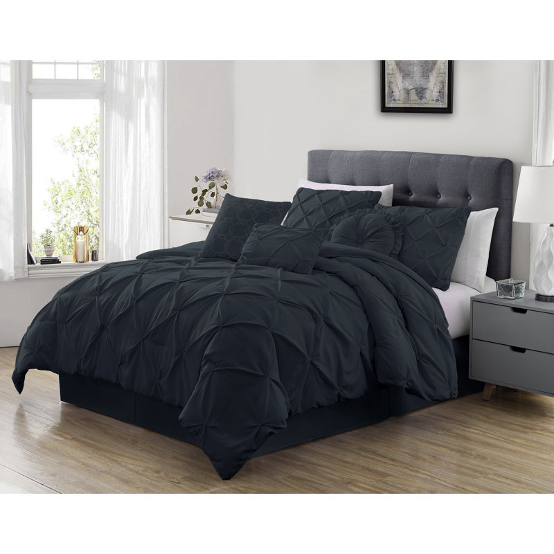 Ensemble d'édredon en microfibre 7 pièces Sydney Pintuck, Édredon de grande taille et 6 pièces supplément, Gris
