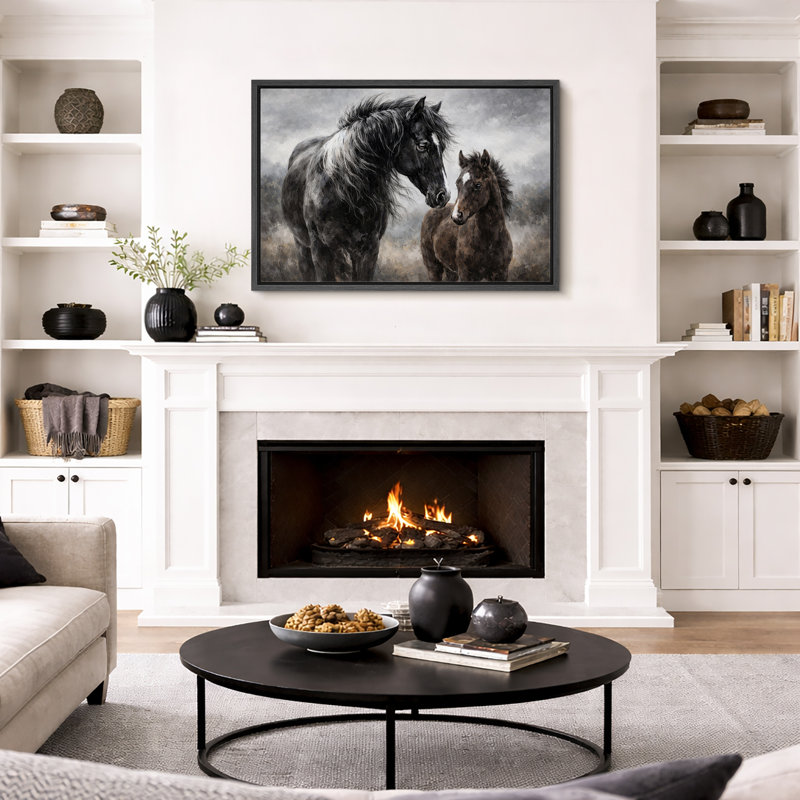 Illustration de chevaux sauvages, mère et poulain dans la nature, impression sur toile encadrée, H 16 po x l 24 po x P 1,5 po