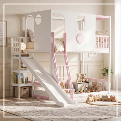Lit simple mezzanine pour enfants, lit superposé avec glissade, tablettes de rangement et garde-corps, blanc et rose