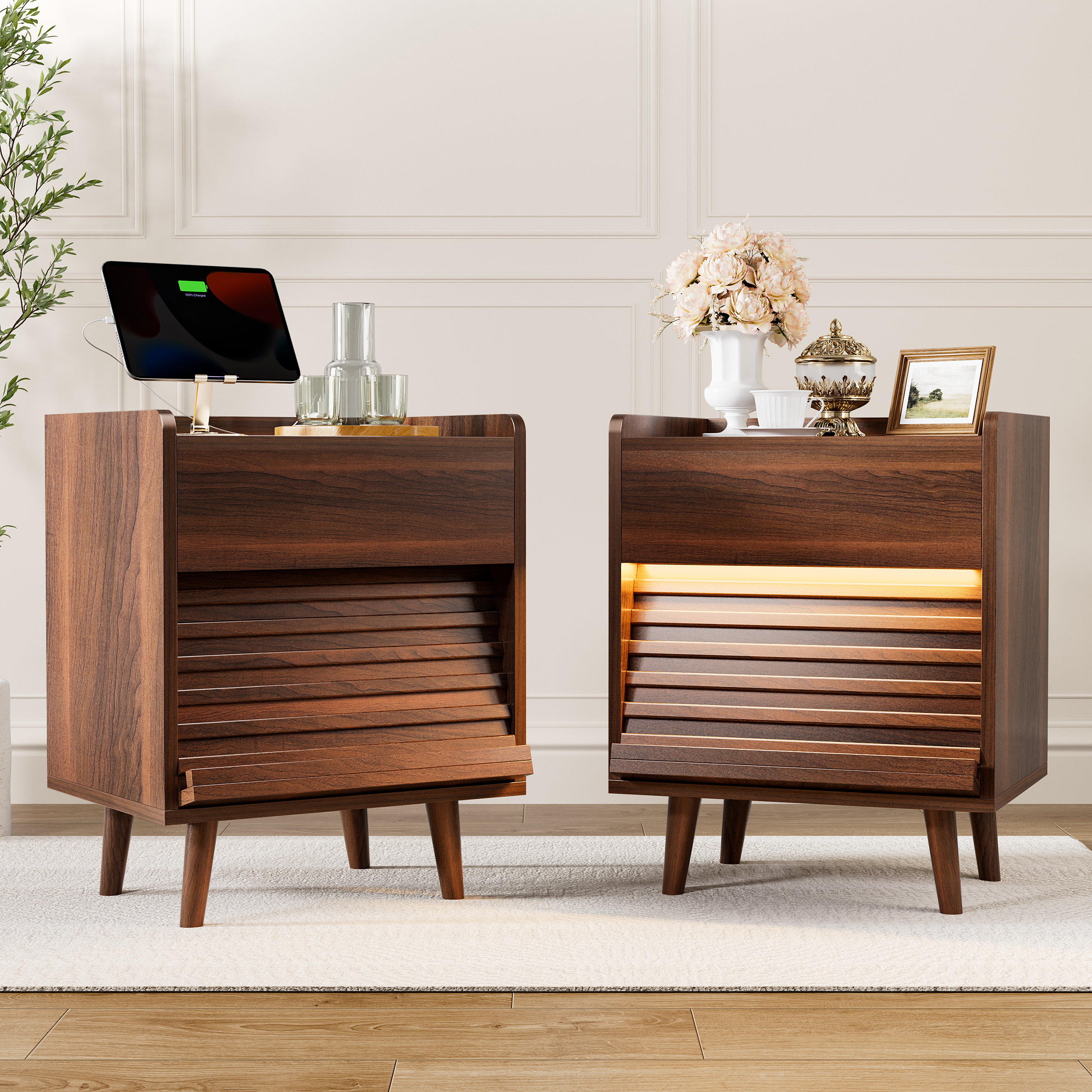 Modern 2-Drawer Nightstand With Outlets & LED Light