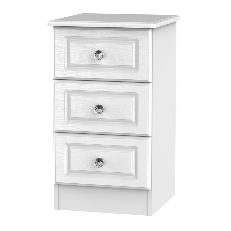 Fully Assembled Asphodèle 3 Drawer Bedside Table, White Ash