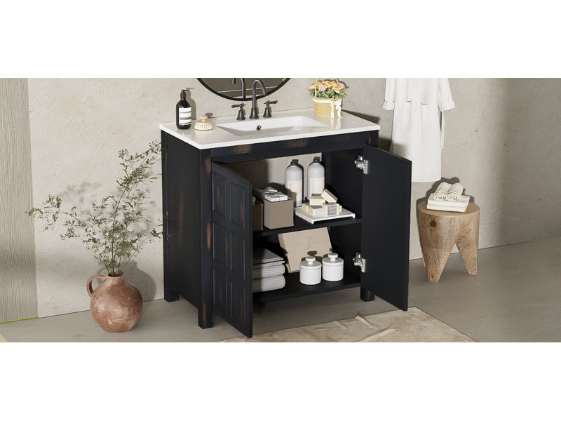 Ensemble de meuble-lavabo de salle de bain espresso vintage avec lavabo en céramique et armoire de rangement rustique