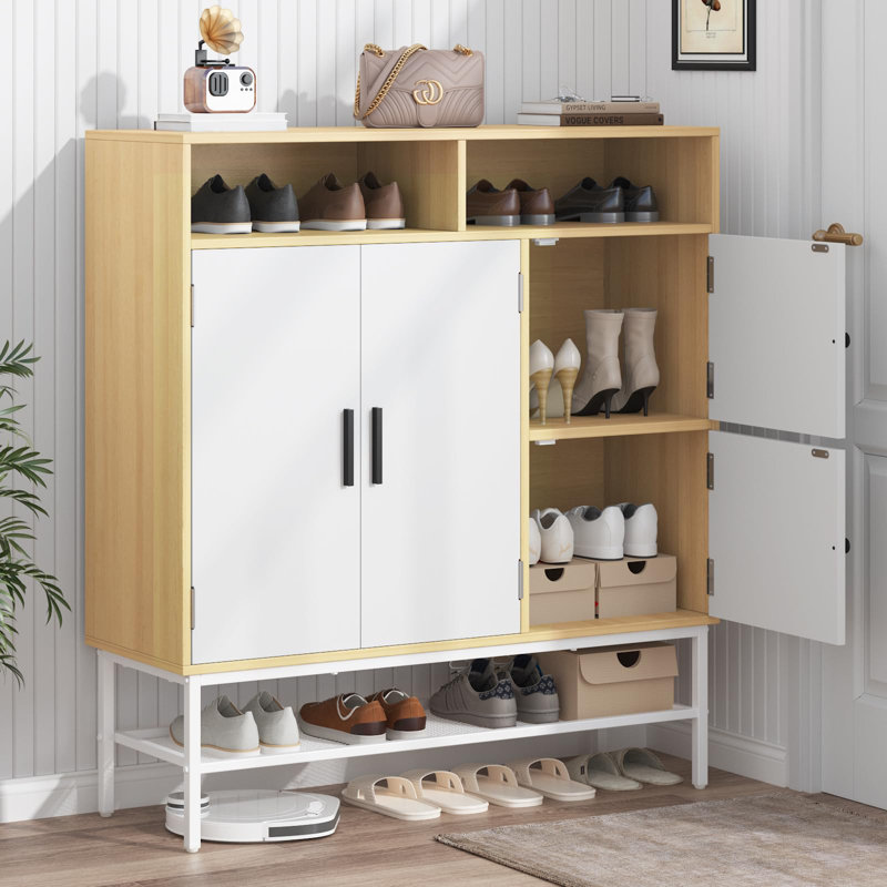 Armoire à chaussures 4 portes, tablettes réglables, peut contenir 30 paires, blanc campagne / naturel