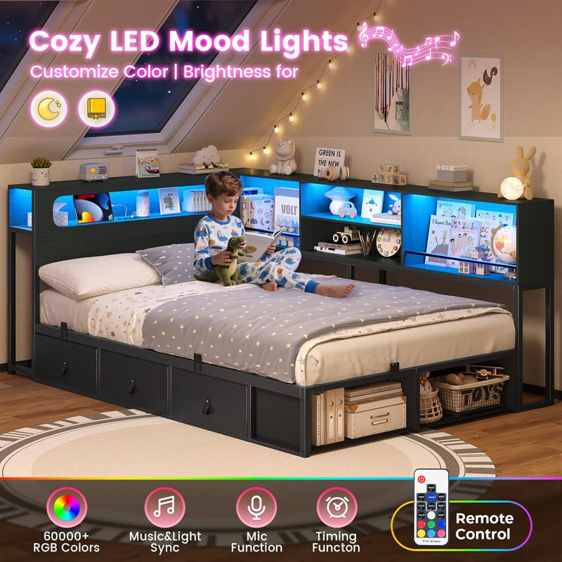 Corner Bed Frame With Bookcase Storage & Rgb Lights, Charging Station, Metal Daybed With 3 Drawers & 2 Open Cubbies, For  Small Space