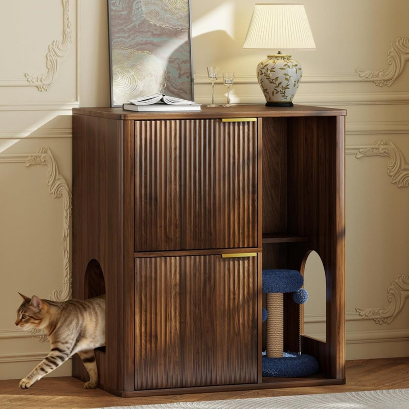 Litière 31,5 po Mid-Century moderne avec arbre à chat et poteau à griffes - portes à double entrée, tablette de rangement, bac à litière caché, finition noyer