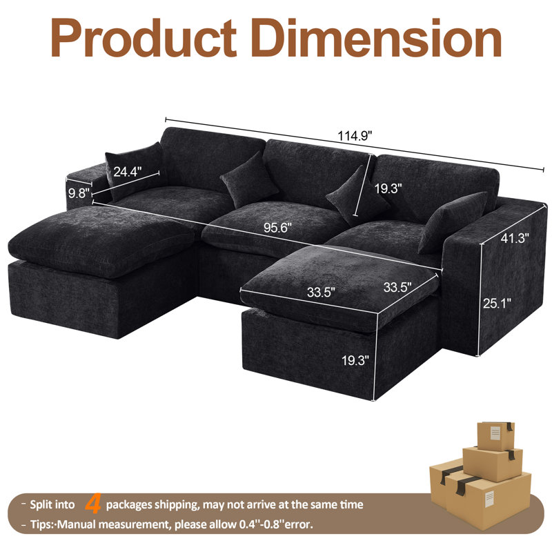 Compression Sectional Couch with 2 Ottomans, Dark Black Chenille, 5