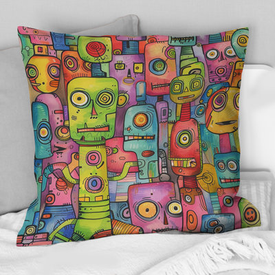 Coussin rose rose et bleu avec des amis robot II