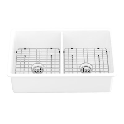 32" Ceramic Double Bowl Sink - Deep Rectangular Basin For Modern Kitchen White Stain- Cooking Area