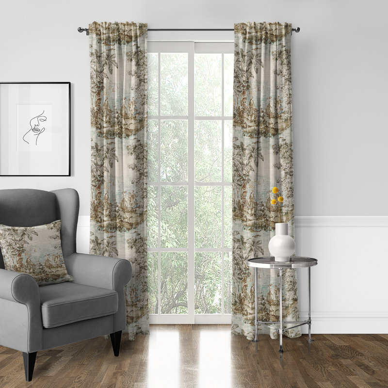 French Countryside Linen Blend Toile Room Darkening Rod Pocket Single Curtain Panel, 50" W X 96" L