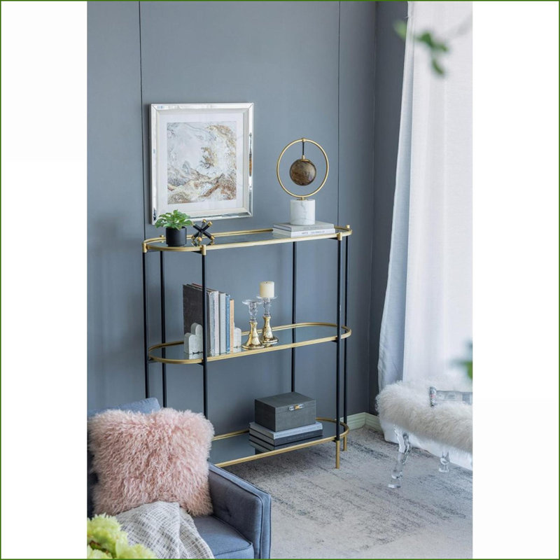 Table basse moderne à miroir en or noir, console en métal à 3 niveaux avec tablettes, 48,8 x 16,5 x 50 po