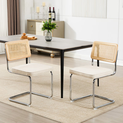 Crumley 47.8cm Dining Chair with Natural Rattan Backrest, Upholstered Seat and Steel Frame(Set of 2)