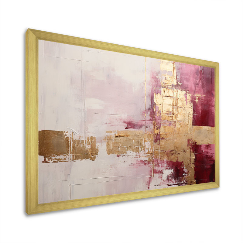 Minimalisme, horizon rose et doré - peinture abstraite, art mural, Cadre doré simple, H 34 po x l 44 po x P 1,5 po