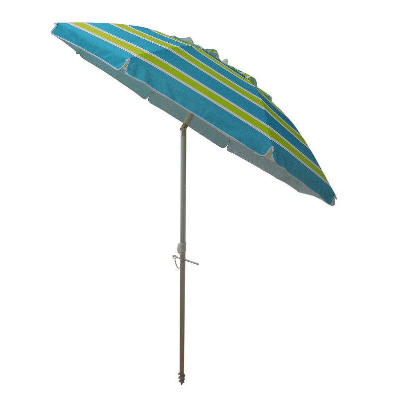 7 ft Green and Blue Striped Polyester Beach Umbrella