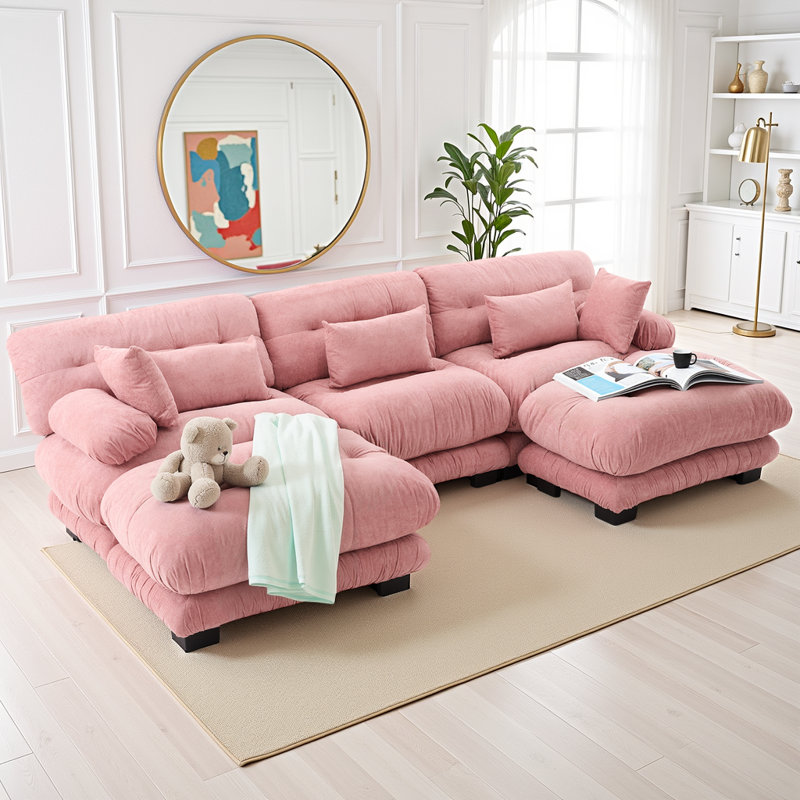 Canapé modulaire en forme de U en velours avec 2 repose-pieds - Canapé 5 places en nuage moelleux avec traversins et capacité de 1000 lb, conception modulaire