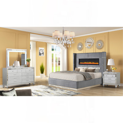 Ensemble de chambre à coucher en bois pour très grand lit 4 pièces avec éclairage ambiant au fini velours gris Upholstery