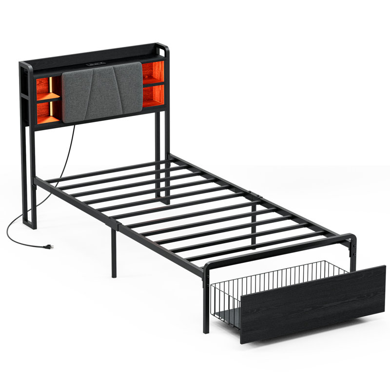 Ortenzia Bed Frame with Storage Headboard, Drawer, Charging Station and LED Light, Twin, Black