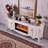 Beige Solid Wood TV Cabinet Fireplace