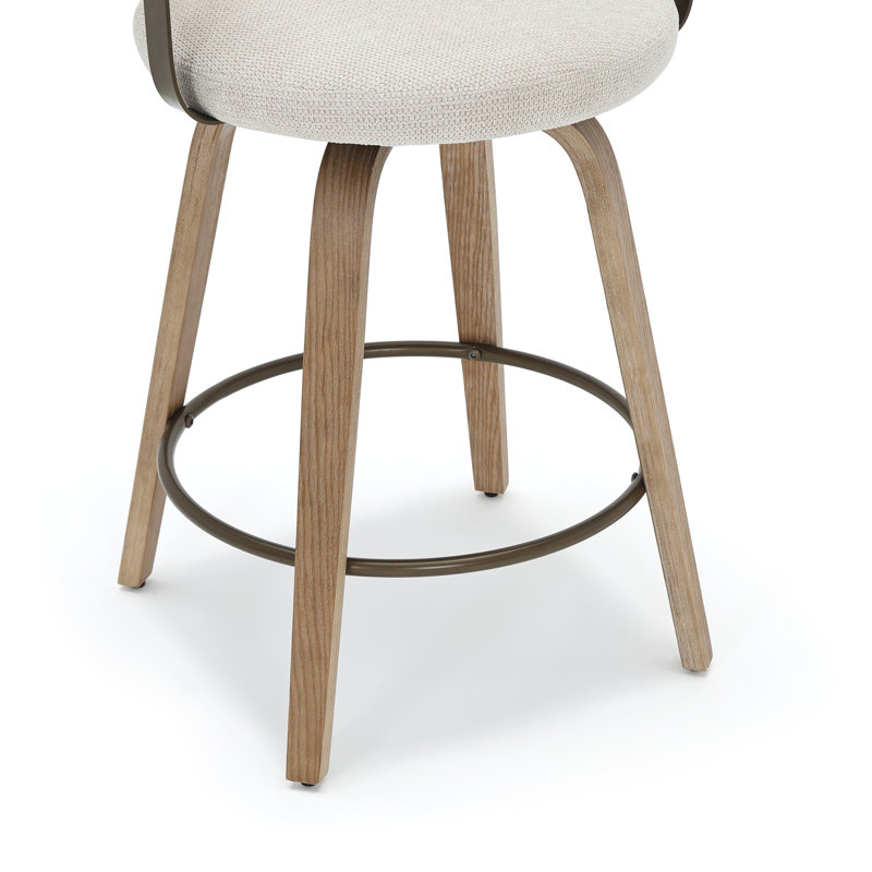 26'' Upholstered Swivel Counter Stool With Back And Bentwood Legs For Kitchen Island, Beige Seat/Natural Frame