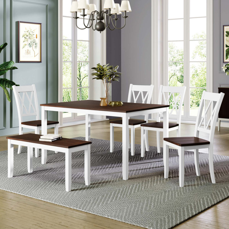 Ensemble de table de cuisine en bois 6 pièces, ensemble de table de salle à manger rustique rustique avec 4 chaises et banc