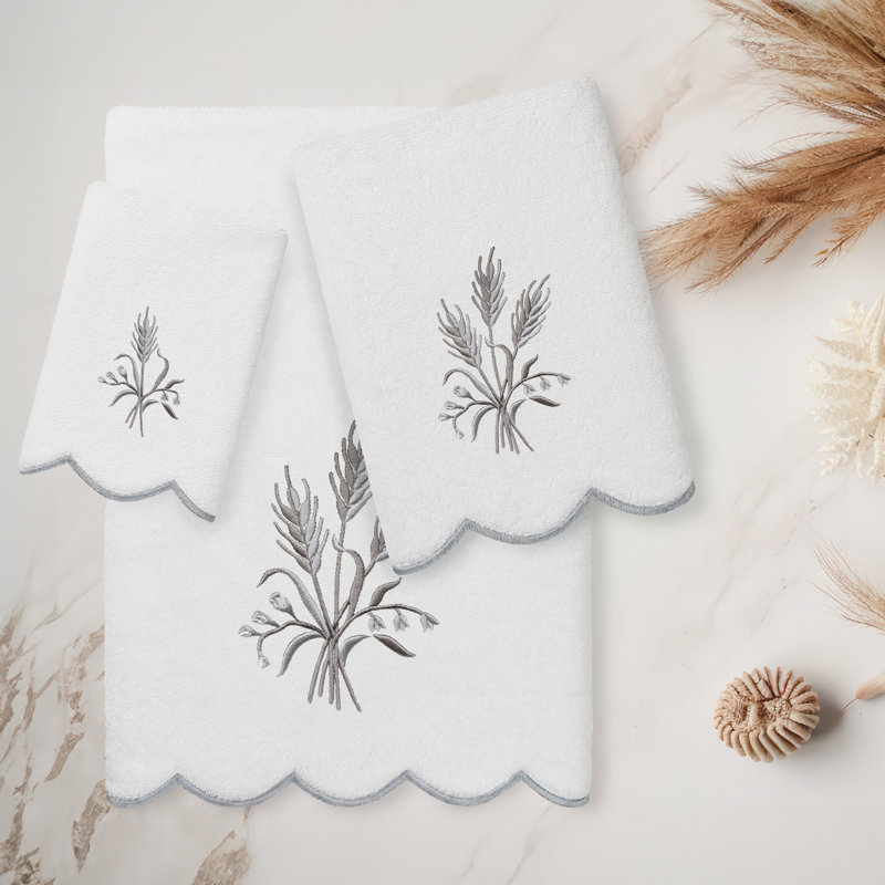  100% Turkish Cotton WHITNEY Scallop 3PC Embellished Towel Set, White/Gray, 3 Piece Towel Set