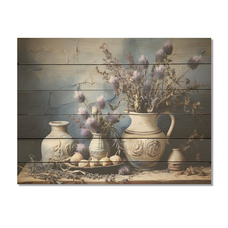 Thistle Farmhouse Still Life - Chardon, art sur bois de pin naturel, H 10 po x l 20 po
