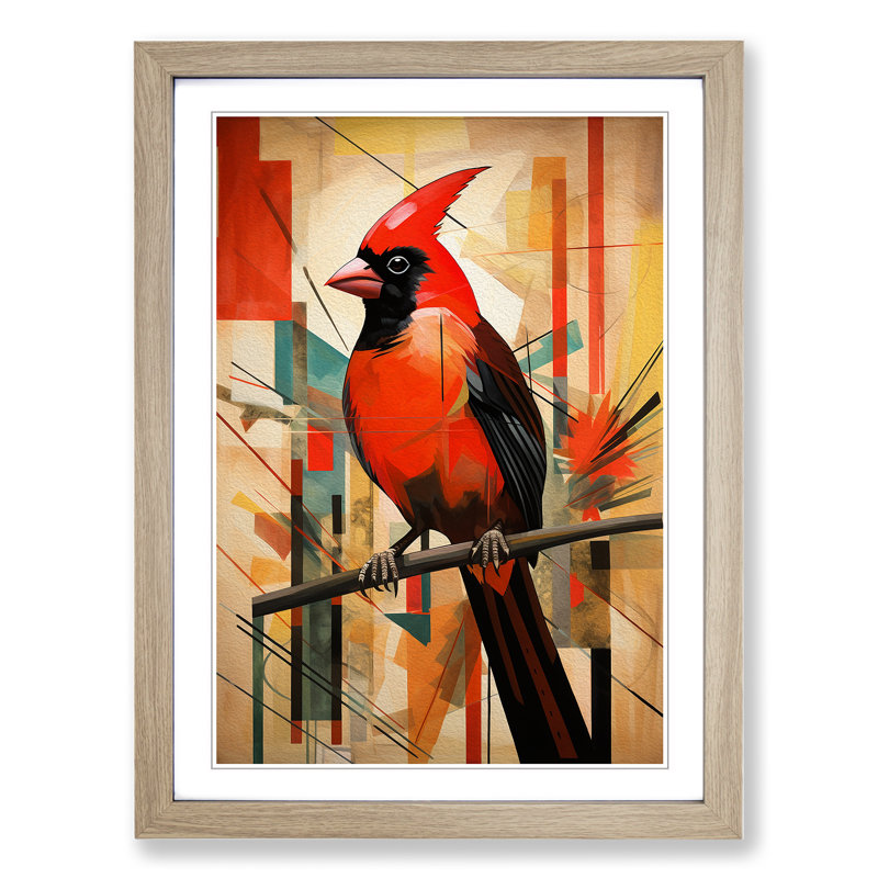 Cardinal Bird Constructivism - Framed Print, Oak Framed, 64cm H x 46cm W x 2cm D