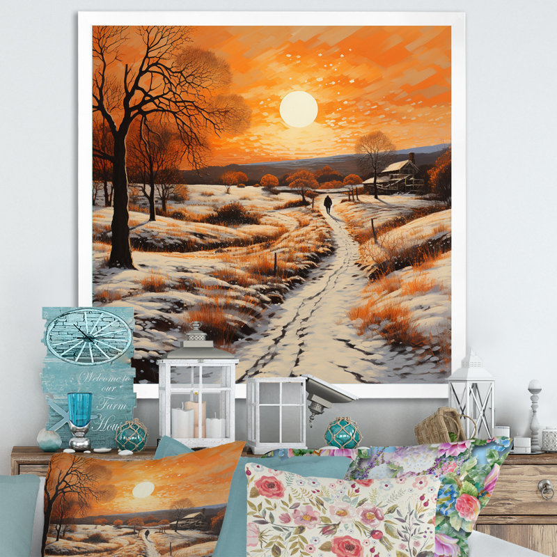 «Orange White Winters Glow Pointillism», reproduction sur toile, H 16 po x l 16 po x P 1 po, Cadre simple blanc