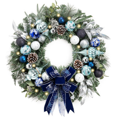  Couronne de Noël pré-éclairée de 24 po pour la porte d'entrée avec lumière, couronne de Noël extérieure pliable et éclairée avec rubans de Noël bleu argenté pour fenêtre de porche