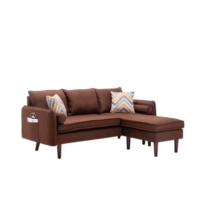 Canapé d'angle Mia 70" en lin brun avec méridienne réversible, ports de chargement USB et 4 coussins décoratifs