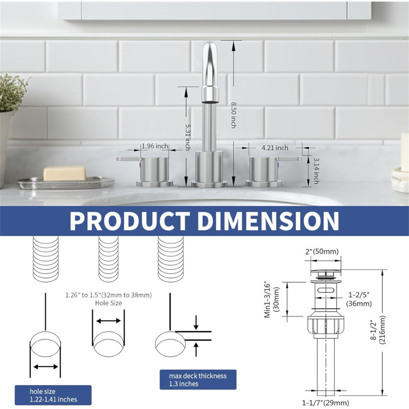 Robinet de lavabo de salle de bain surdimensionné à 2 poignées, robinet de lavabo chromé à 2 poignées, 3 trous, robinet pivotant à 360 ° avec lavabo escamotable