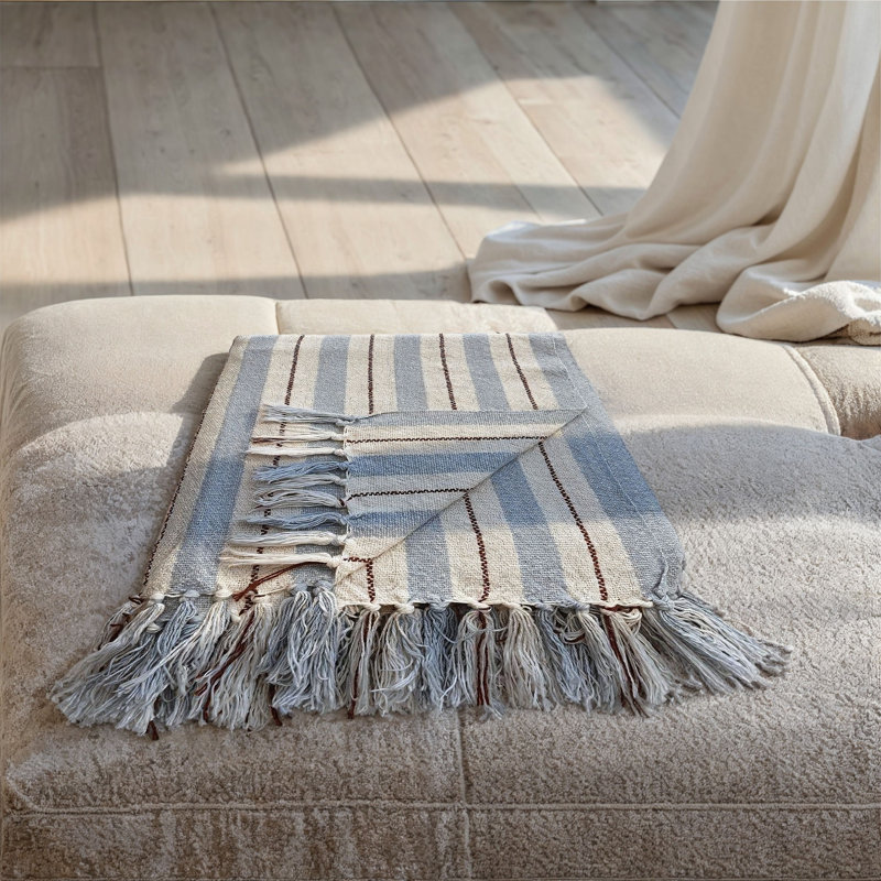 Woven Cotton Blend Striped Throw With Fringe