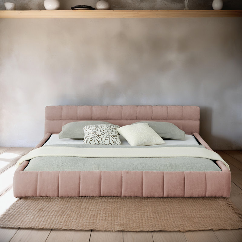 Lit plateforme tapissier rose très grand californien avec tête de lit - Tissu chenille épais, aucun sommier nécessaire, Rose