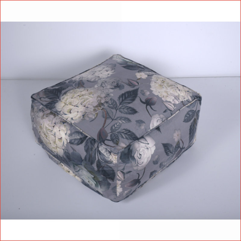 Ottoman Hazel Large Square Pouf, 22x27x22, Flower Print on Black | Black + Flower, Black