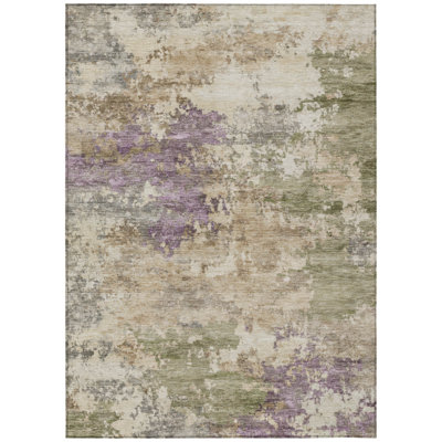 Tapis extérieur lavable abstrait vert et mauve 10 pi x 14 pi beige