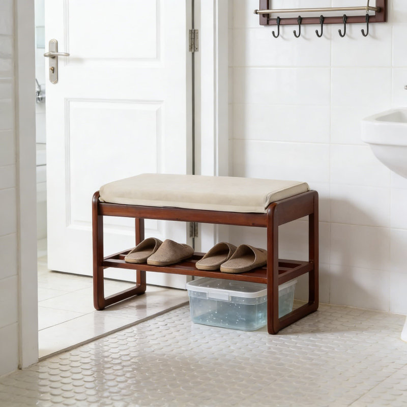 Banc de hall d'entrée en bois massif avec coussin et rangement pour chaussures à 2 niveaux, organisateur de chaussures robuste pour le couloir, le salon et le vestibule