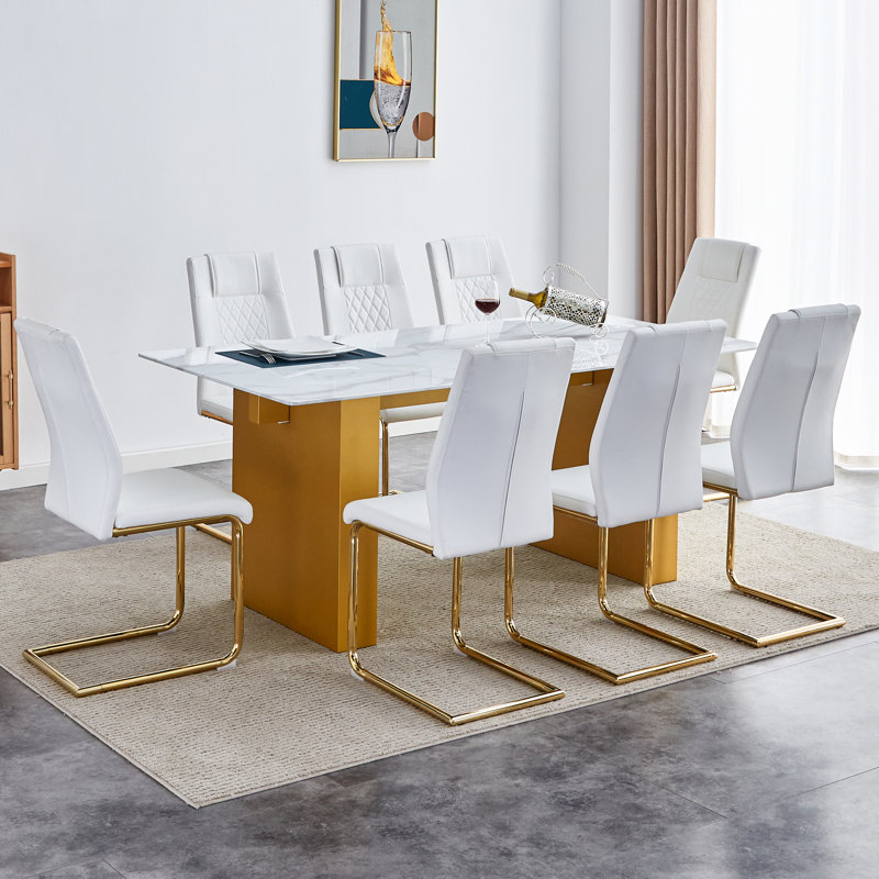  Ensemble de table de salle à manger 9 pièces en verre avec chaises coussinées en similicuir et pieds en métal doré, blanc