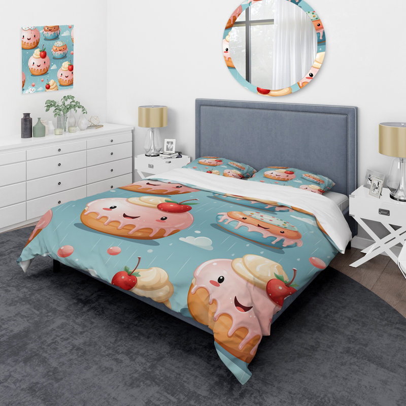 Ensemble de housse de couette rose et bleu Donut Kithchen, Housse de couette simple + 1 taie décorative stan