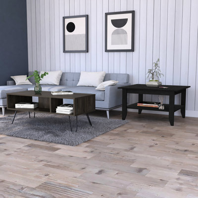 2 Coffee Table In Black And Charcoal With Spacious Shelf Storage Modern Rectangular For Living Room