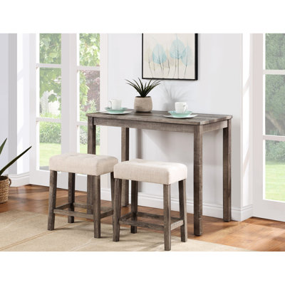 36" Counter Height Pub Table With 2 Creamy White Linen Stools, Natural Distressed Wood Pattern, Slightly Flared Stool Legs 3 Piece Height, Texture,