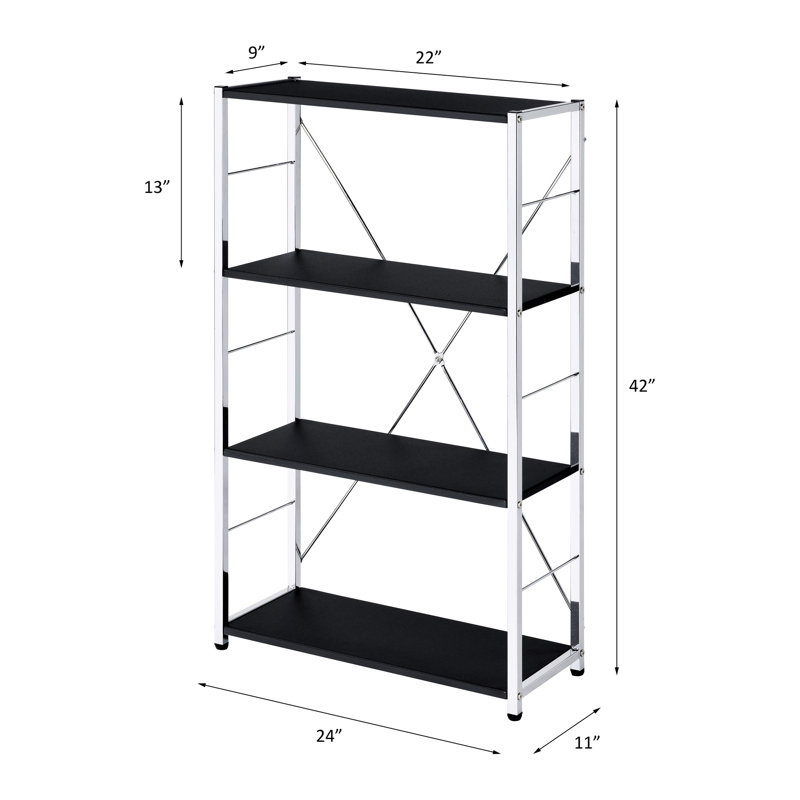 Black & 4 Tier Shelf Bookcase With Metal Frame And Support Construction Composite Units, Black/Chrome