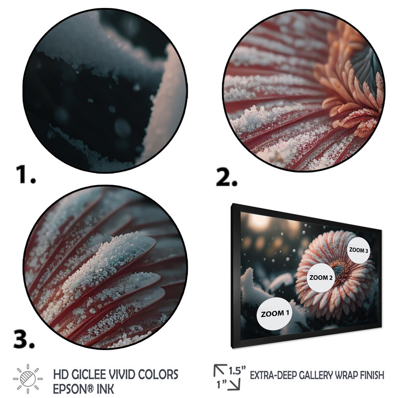 Une fleur de gerbera rose en hiver III - Impression sur toile, Toile encadrée noire à coins fermés