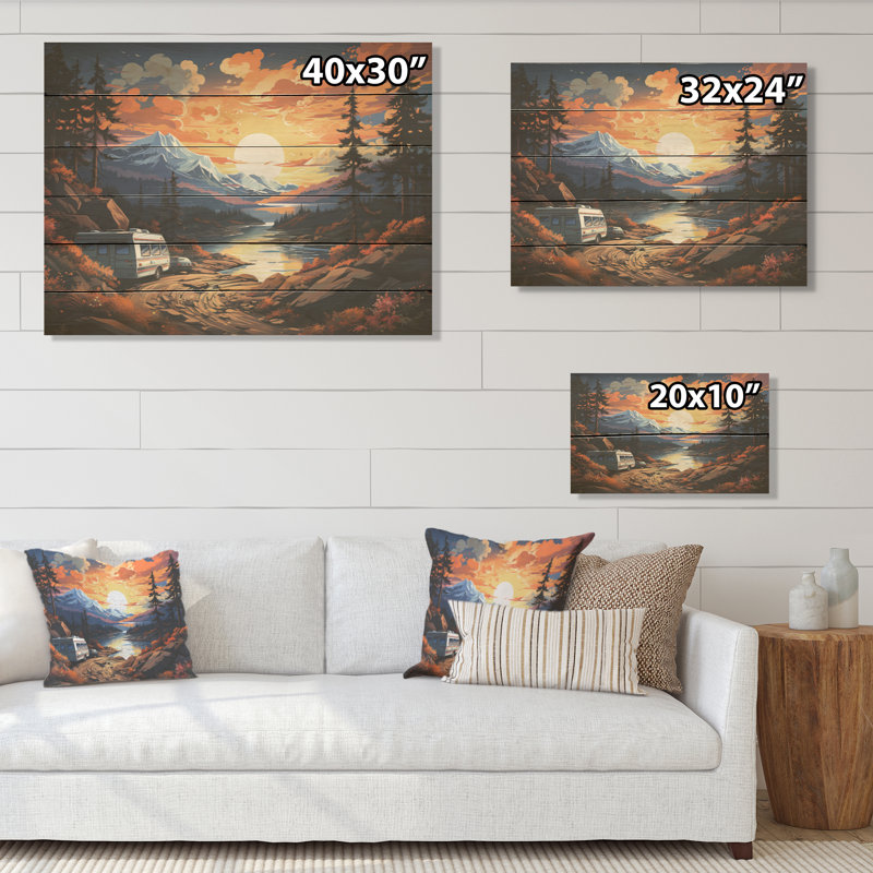 «Camping Van Charm At Sunset», art mural en bois de camping sur bois de pin naturel, H 10 po x l 20 po