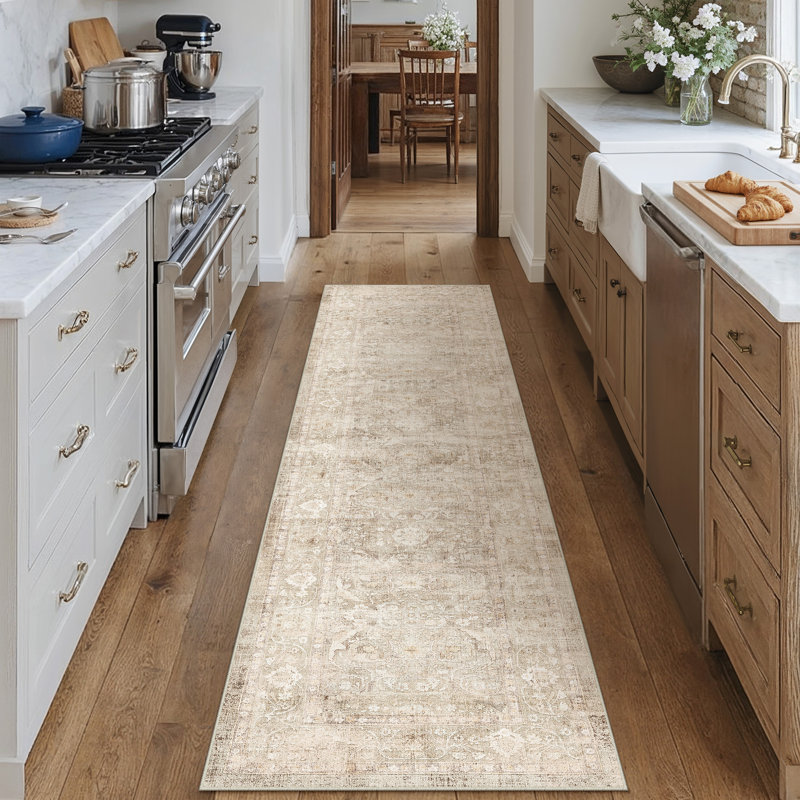 Bremerton Vintage Washable Beige Area Rug With Non-Slip Backing, Runner 2' x 8', Beige