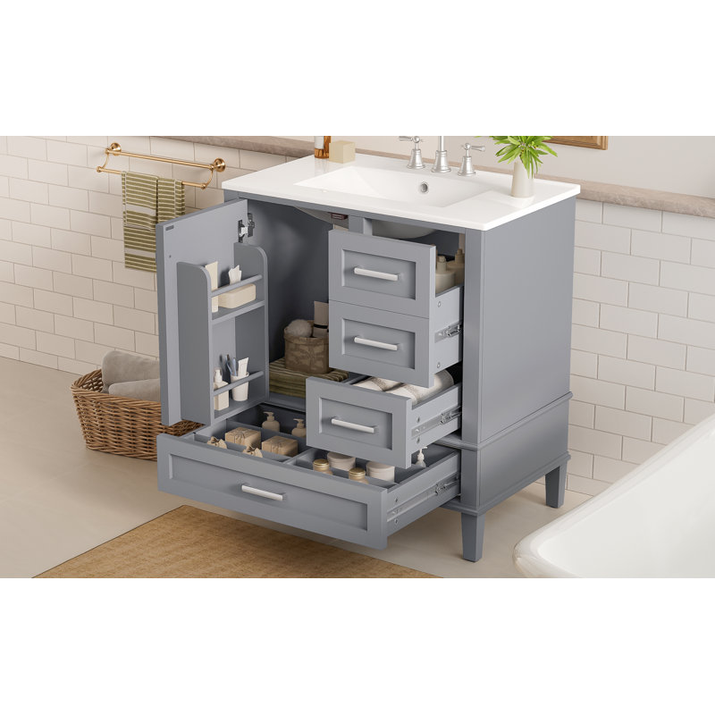 Meuble-lavabo moderne Amoura avec lavabo en céramique durable et solutions de rangement à fermeture en douceur, Gris
