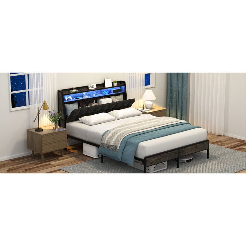 Structure de lit grand noir en métal avec dossier ergonomique - tête de lit, ensemble d'éclairage à DEL, baies de chargement et de rangement