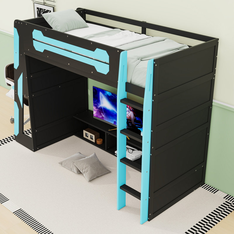 Loft Bed With Desk, Multi-Storage Shelves And RGB Lights, Cloud Blue