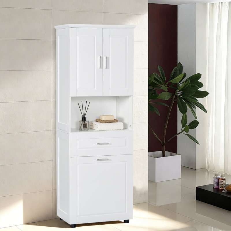 Grande tour à linge de salle de bain avec armoire, tiroir et Hampe Out à finition blanche, Blanc