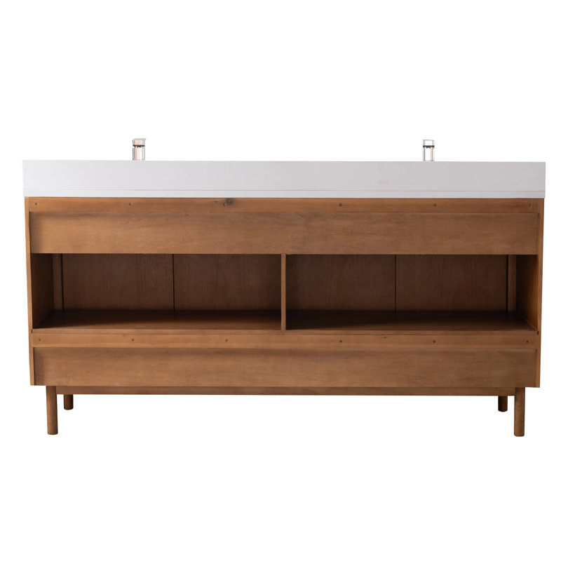 Meuble-lavabo sur pied moderne Tennant Brand 72 pouces, chêne chaud brun fumé, double vasque, comptoir en quartz blanc, entièrement assemblé