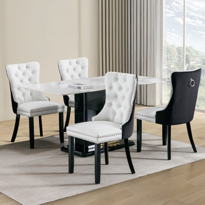Kingson Modern Glam Tufted Two-Tone Dining Chair with Nailhead Trim & Back Pull Ring, White/Black, 4
