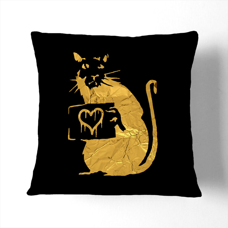Banksy In Gold Rat With Heart Square Throw Cushion, 55cm H x 55cm W x 20cm D